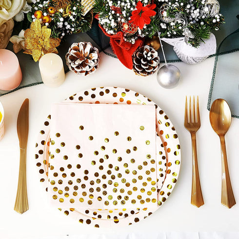 Party Supplies 175 Disposable Dinnerware Set Gold Dots on Pink Paper Plates Cups and Napkins, Gold Plastic Knives Spoons Forks for Baby Shower Wedding Party Bridal Shower