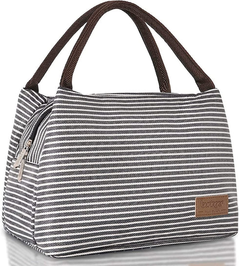 Buringer Reusable Insulated Lunch Bag Cooler Tote Box Meal Prep for Men & Women Work Picnic or Travel (Grey White Stripes)