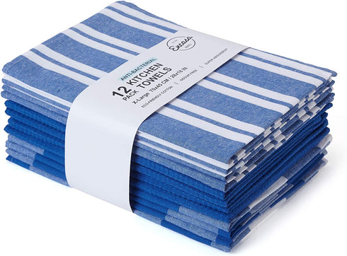 Encasa Homes Kitchen Dish Towels X-Large 18 x 28 inch (12 pcs Set of Waffles, Stripe & Checks) Absorbent, Tea Towels for Cleaning and Quick-Drying, Eco-Friendly Cotton - Blue