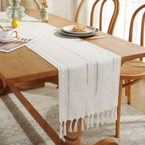 Rustic Farmhouse Style Linen Table Runner, Boho Embroidery Hemstitched Table Runners 108 inches Long with Tassels for Holiday Party and Dining Room Dresser Decor, 13 x 108 inch - Ivory