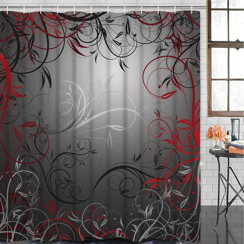 Floral Swirl Floral Shower Curtain with 12 Hooks, Flower Leaf Branches Interwoven Shower Curtain for Bathroom, Red and Grey Black Shower Curtain