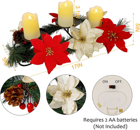 Hausse Christmas Poinsettia Centerpiece with 3 Flameless LED Candles, Chiristmas Candle Holders Advent Wreath, Xmas Tabletop Candleabrum for Home Holiday Party Table Mantel Display