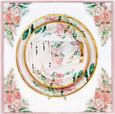 Floral Party Supplies paper plates and Napkins Sets for 24 Guest-Include Floral Party Disposable Paper Dinner Plates,Cups,Napkin for Baby or Bridal Shower,Birthday,Wedding,Bachelorette party Supplies