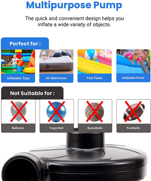 Etekcity Electric Air Pump Air Mattress Portable Pump for Inflatables Couch, Pool Floats, Blow up Pool Raft Bed Boat Toy, Quick-Fill AC Inflator Deflator with 3 Nozzles, 110-120 Volt, Black