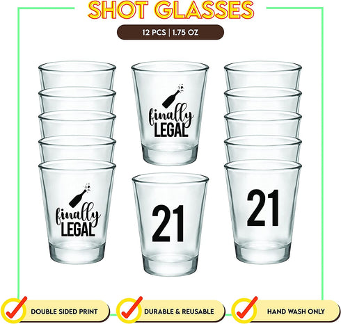 Finally Legal 21st Birthday Party Shot Glass - Set of 12, 1.75oz Black and Clear 21st Birthday Shot Glasses, Perfect for Birthday Parties, Birthday Decorations