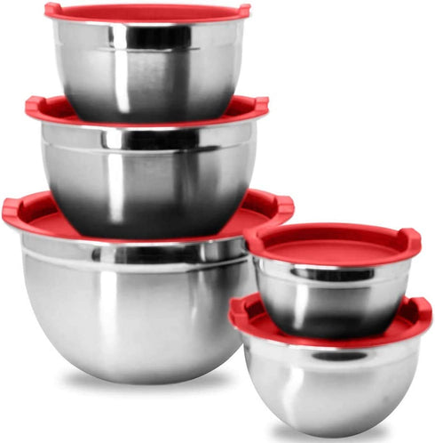 Meal Prep Stainless Steel Mixing Bowls Set, Home, Refrigerator, and Kitchen Food Storage Organizers | Ecofriendly, Reusable, Heavy Duty By WHYSKO (With Red Lids)