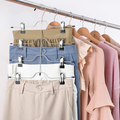 HOUSE DAY Skirt Hangers 4 Tier Shorts Hangers with Clips,6 Pack Space Saving Pants Hangers,Multi Slack Skirt Hanger Metal Trouser Clip Hangers for Slack,Trouser,Jeans,Towels