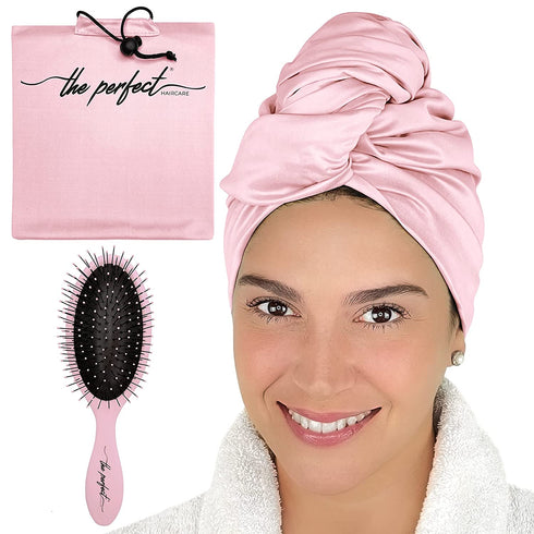 THE PERFECT HAIRCARE Ultra-Fine Microfiber Hair Towel Wrap & Wet/Dry Detangling Hair Brush Anti-Frizz Turban for Curly or Wavy Haired Women Girls & Kids - Quick Drying - Good for Travel (Pink)