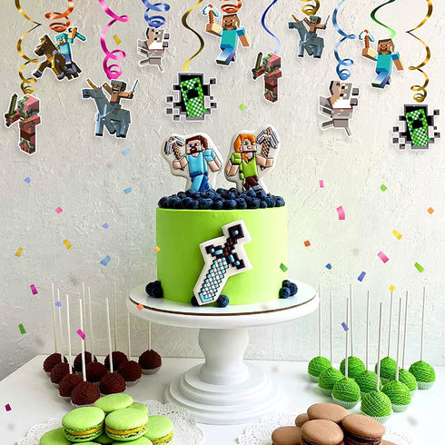 Pixel Style Theme Game Party Supplies Miner Birthday Decorations,12*Hanging Whirlpools Cards For Kids Boys And Girls Themes€¦ (12Set)