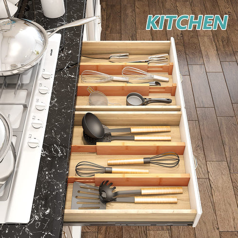 Bamboo Drawer Dividers, 13" -16.5", Kitchen Adjustable Drawer Organizers, Expandable Spring Loaded Drawer Divider for Home, Office, Dressers