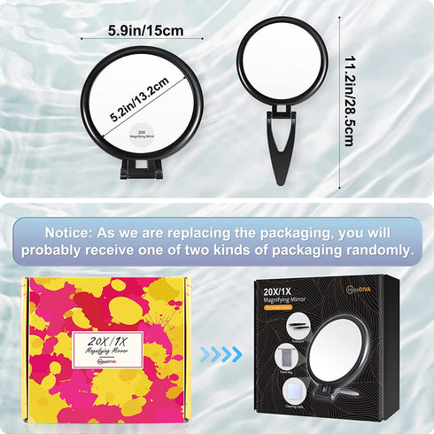 6 Inch 20X Magnifying Mirror, Hand Mirrors with Handle, Portable Travel Mirror for Women, Foldable, Handheld, Double Sided, Black