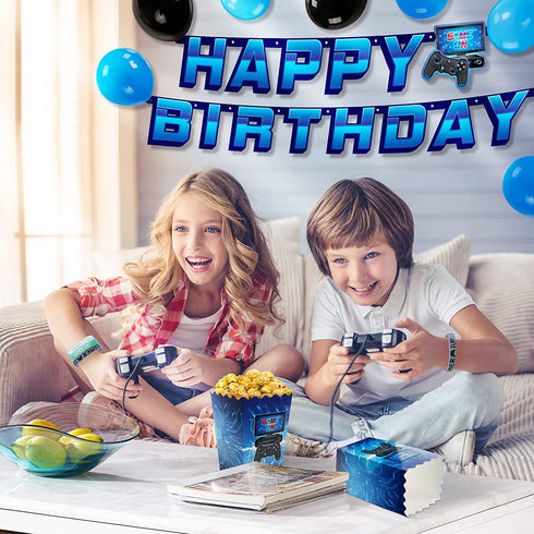 DECORLIFE Video Game Party Supplies Serves 24, Complete Gamer Party Supplies Includes Tablecloth, Popcorn Boxes, Blue, Total 200pcs for Boys Birthday