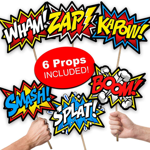 Bigtime Signs XL Superhero Backdrop with 6 Comic Action Word Photo Booth Props - Compliments any Super Hero Birthday Party - 4 foot x 6 ft - Cityscape Back Drop Banner Decoration Hangs on Wall Easily