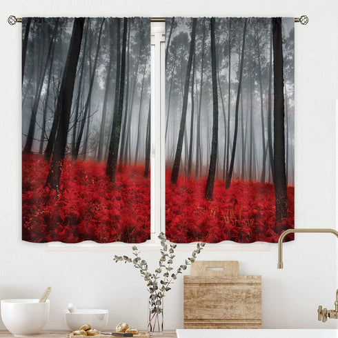 Cinbloo Red Black Forest Kitchen Curtains Rod Pocket 27.5W x 39L Inch Burgundy Tree Kitchen Decor Mystic Nature Foggy Fall Scene Gothic Woodland Floral Leaves Short Design Small Window Drapes 2 Panel