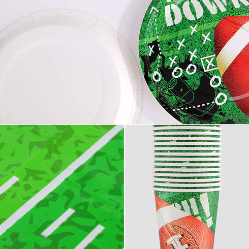 FiGoal Football Themed Party Supplies and Party Decorations for 32 Guests Include, Table Cover, 9?Dinner Plates, 7?Snack/Dessert Plates, Napkins, Cups, Super Bowl Tableware Accessory Decorations