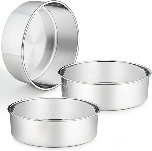 3 Pcs Deep Cake Pan Set (8'' x 3''), P&P CHEF 8 Inch Stainless Steel Round Baking Pans, for Birthday Wedding Christmas, Healthy & Durable, Deep Side & Mirror Finish, Oven & Dishwasher Safe