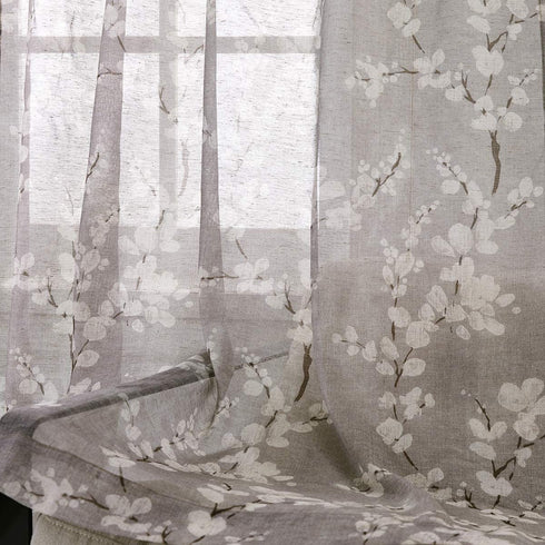 FMFUNCTEX Sheer Curtains for Living-Room 84" Long White Floral Blossom Print on Flax Linen Blend Window Curtain Panels 50" w x 2 Pack Rod Pocket