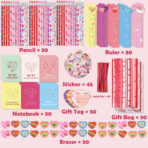 Valentines Day Gifts for Kids Classroom 30 Pack, ALL-IN-ONE Valentines Stationery Set - Valentine Pencils Notepads Rulers Erasers Valentines Cards Treat Bags Party Favors for Kids