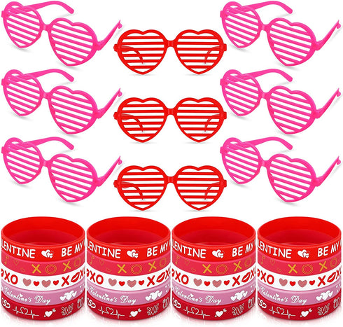 40 Pcs Valentines Day Party Favors 20 Pcs Valentines Heart Shutter Glasses 20 Pcs Valentines Silicone Wristband Rubber Bracelets for Valentine's Day Party Supplies Birthday Party Costume Accessory