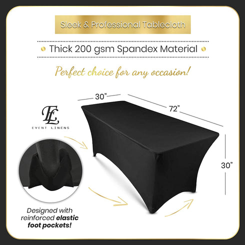 6ft Tablecloth Rectangular Spandex Linen - Black Table Cloth Fitted Cover for 6 Foot Folding Table, Wedding Linens Banquet Cloths Rectangle Covers (2 Pack)