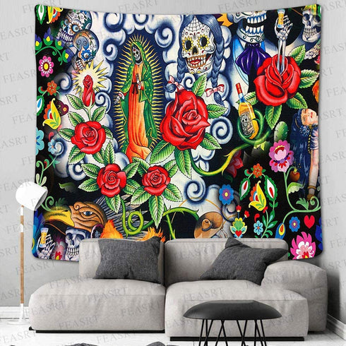FEASRT Day of Dead Tapestry Skull Tapestry Mexican Skeleton Tapestries for Bedroom Living Room Apartment Dorm Decorations Wall Art Decor Tapestry 60x60 Inches GTZYAY427