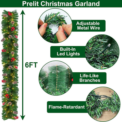 TURNMEON 6 Ft by 10 Inch 50 LED Prelit Christmas Garland Decoration Lights Timer 8 Modes 12 Pinecones 132 Red Berries 20 Pine Needles Battery Operated Christmas Decoration Home Indoor Mantle Fireplace