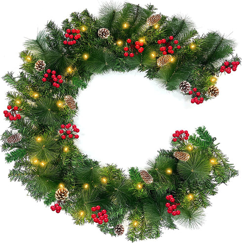TURNMEON 6 Ft by 10 Inch 50 LED Prelit Christmas Garland Decoration Lights Timer 8 Modes 12 Pinecones 132 Red Berries 20 Pine Needles Battery Operated Christmas Decoration Home Indoor Mantle Fireplace