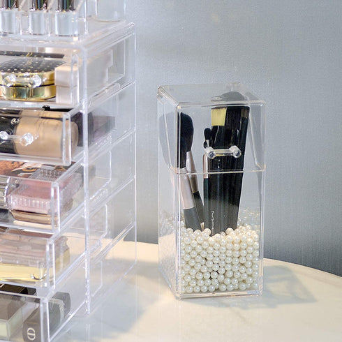 InnSweet Makeup Brush Holder Organizer, Dustproof Cosmetics Brush Storage with White Pearls