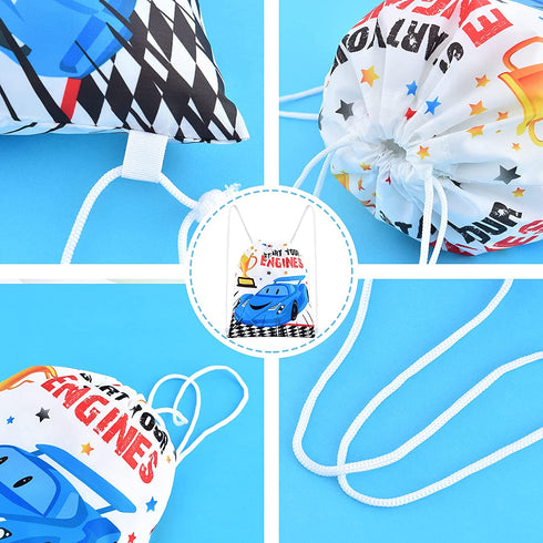 Race Car Party Gifts Bags - 12 Pack 10'' x 12'' Racing Car Drawstring Backpack for Boy Kids String Goodie Candy Bags Party Supplies for Birthday