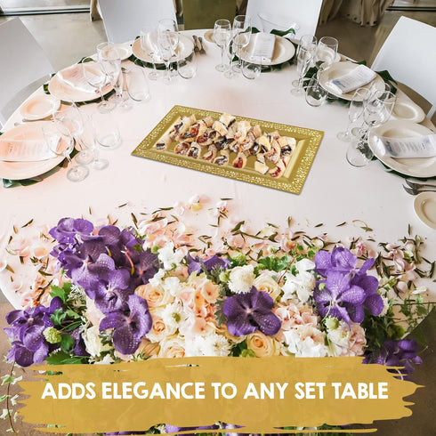 4 (pk) Yumchikel 14" x 7.5" Gold Lace Rim Plastic Serving Trays & Platters | Heavy Duty Disposable Decorative Dessert Tray - Party Platters for Upscale Parties Weddings