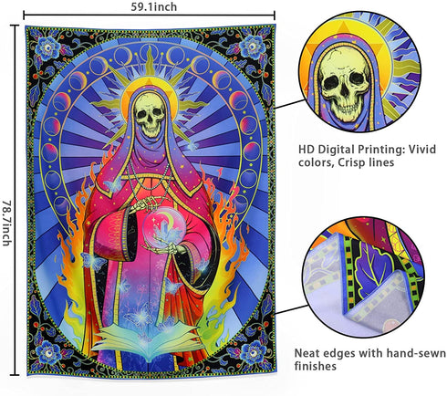 Skull Tapestry Santa Muerte Art Tapestry MoonPhase Tapestry Flower Skeleton Tapestries for Room W59.1"X H78.7"