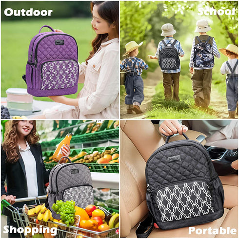AmHoo Insulated Lunch Box Bag Reusable Cooler Backpack Double YKK Zippers Waterproof Multiple Pockets Quilted For Women Hiking Beach Picnic Trip,Purple