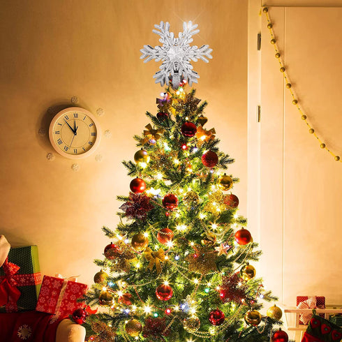 Christmas Tree Topper Lighted Snowflake, Christmas Tree Decoration Topper Projector, Gold Glitter Hallow Christmas Tree Lights
