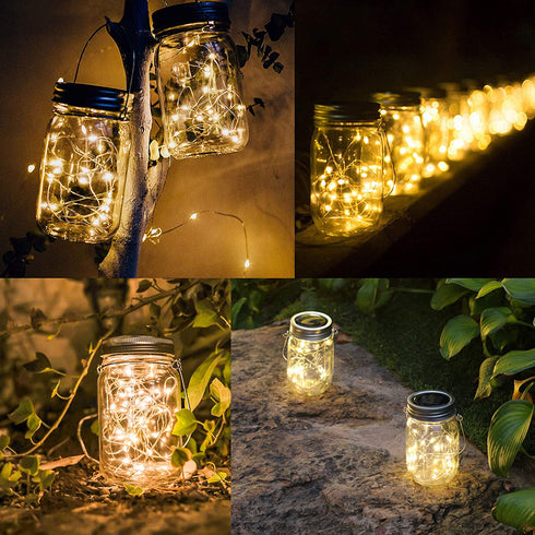 Outdoor Solar Powered Mason Jar Lights 6 Pack Waterproof 30 Mini LED Fairy Star Firefly Garden Table Decorations Patio Lighting Decor Lanterns Backyard Tree Hanging Lawn Porch Decorative Warm White