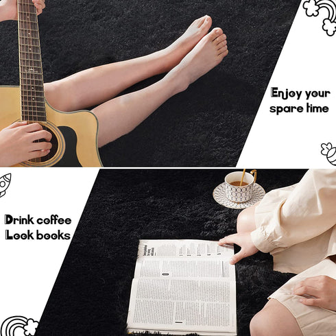 Tepook Super Soft Fluffy Rug for Bedroom, Modern Shaggy Rug Fuzzy Kids Rug for Living Room, Plush Indoor Nursery Home Decor Rug with Non-Slip Bottom, Black, 3 X 5 Feet
