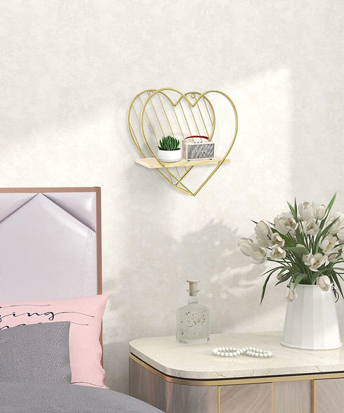 MAZJOARU Gold Floating Shelf for Wall, Heart Shelf Wall Mounted Metal Wood Hanging Shelf for Bathroom Cute Modern Wooden Wall Shelf for Bedroom Living Room Kitchen Children Room Decor Gift