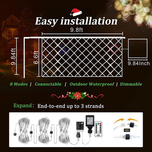 9.8ft x 6.6ft Christmas Net Lights,200 LED Mesh String Lights with Remote,8 Modes Connectable Net String Christmas Lights for Garden, Bushes, Wedding, Xmas Tree Decorations(Warm White)