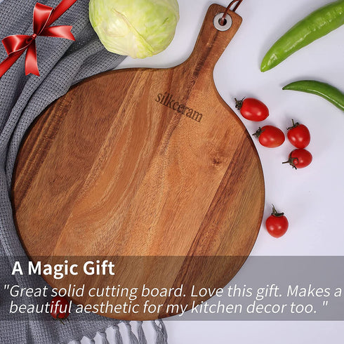 Silkceram Acacia Wood Pizza Peel, Round 12 Inch Wooden Cutting Boards, Cheese Paddle Board, Bread and Crackers Platter Serving Board 16"x12"x0.5"