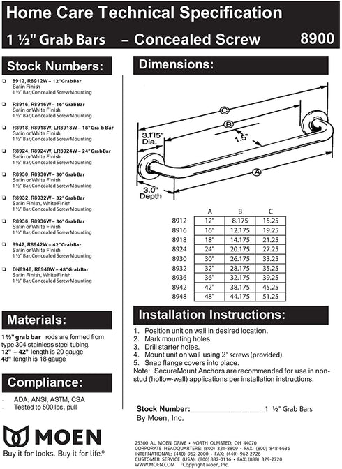 Moen 8912 Home 12-Inch Bathroom Grab Bar, Stainless Steel