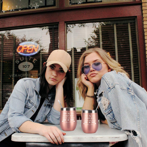 Friends Wine Tumbler Set of 2, Side By Side or Miles Apart Friends Are Always Close at Heart Wine Tumbler for Good Friends Long Distance Friends Women, 12 Oz Stainless Steel Insulated Wine Tumbler