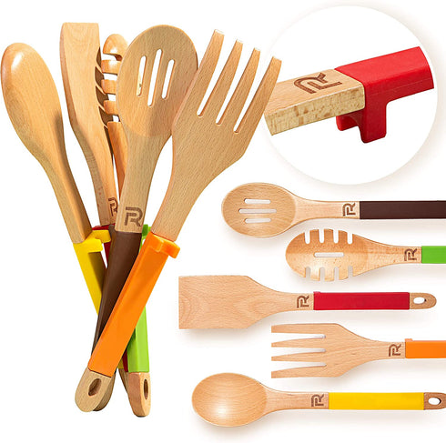 Riveira Wooden Spoons for Cooking Kitchen Cooking Utensils Set 5-Piece Spatula Wood Slotted Spoon Serving Utensil Fork Nonstick Utensils with Silicone Handles for Everyday Use