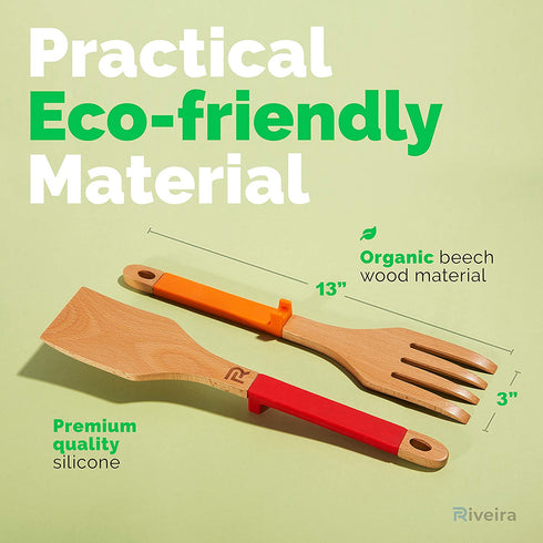 Riveira Wooden Spoons for Cooking Kitchen Cooking Utensils Set 5-Piece Spatula Wood Slotted Spoon Serving Utensil Fork Nonstick Utensils with Silicone Handles for Everyday Use