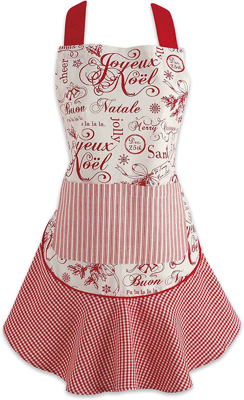 DII Kitchen Ruffled Holiday Apron, One Size, Joyeux Noel