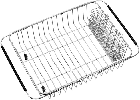 iPEGTOP Expandable Dish Drying Rack with Rustproof Stainless Steel Utensil Cutlery Holder, Over Sink Dish Rack Basket Shelf, Dish Drainer in Sink or On Counter