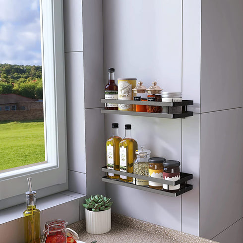 PINNIYOU Spice Rack Wall Mount Organizer, 14" Hanging Black Spice Organizer Shelf, Farmhouse Seasoning Organizer, Space-Saving Spice Shelves Holder for Kitchen, Flexible Bathroom Organizer(2 Pcs)