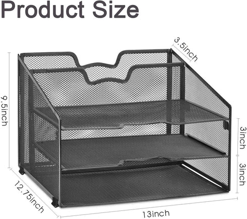 Meshist Wire Mesh Desk Organizer, Collapsible Desktop File Organizer with 3 Horizontal Paper Letter Trays and a Vertical Compartment, Black