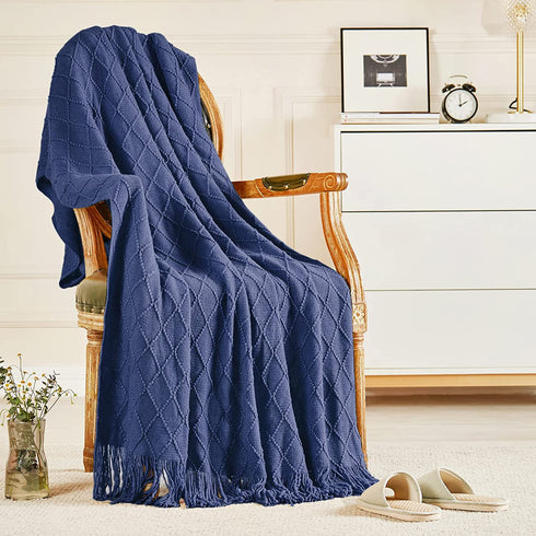 Inhand Knitted Throw Blankets for Couch and Bed, Soft Cozy Knit Blanket with Tassel, Navy Blue Lightweight Decorative Blankets and Throws, Farmhouse Warm Woven Blanket for Men and Women, 50"x60"