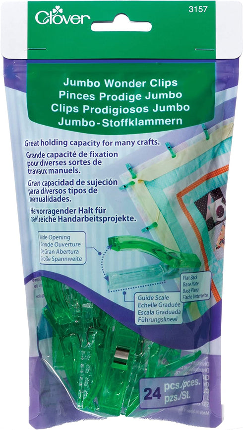 Clover 3157 24-Piece Jumbo Wonder Clips with Seam Allowance Markings, 2-1/4-Inch, Green