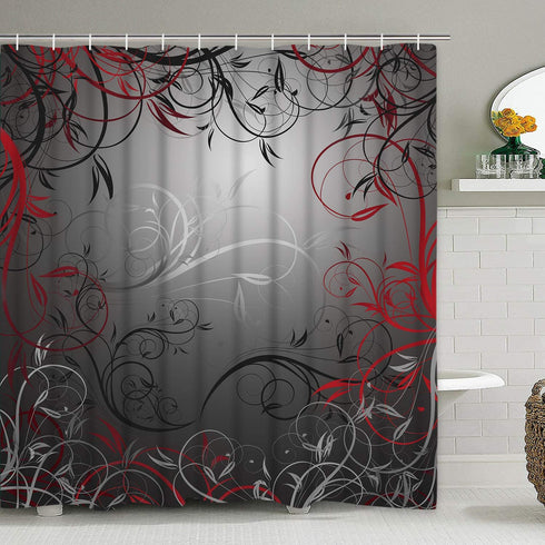 Floral Swirl Floral Shower Curtain with 12 Hooks, Flower Leaf Branches Interwoven Shower Curtain for Bathroom, Red and Grey Black Shower Curtain