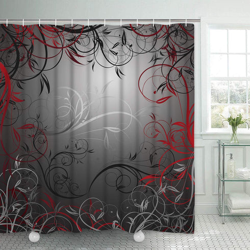 Floral Swirl Floral Shower Curtain with 12 Hooks, Flower Leaf Branches Interwoven Shower Curtain for Bathroom, Red and Grey Black Shower Curtain
